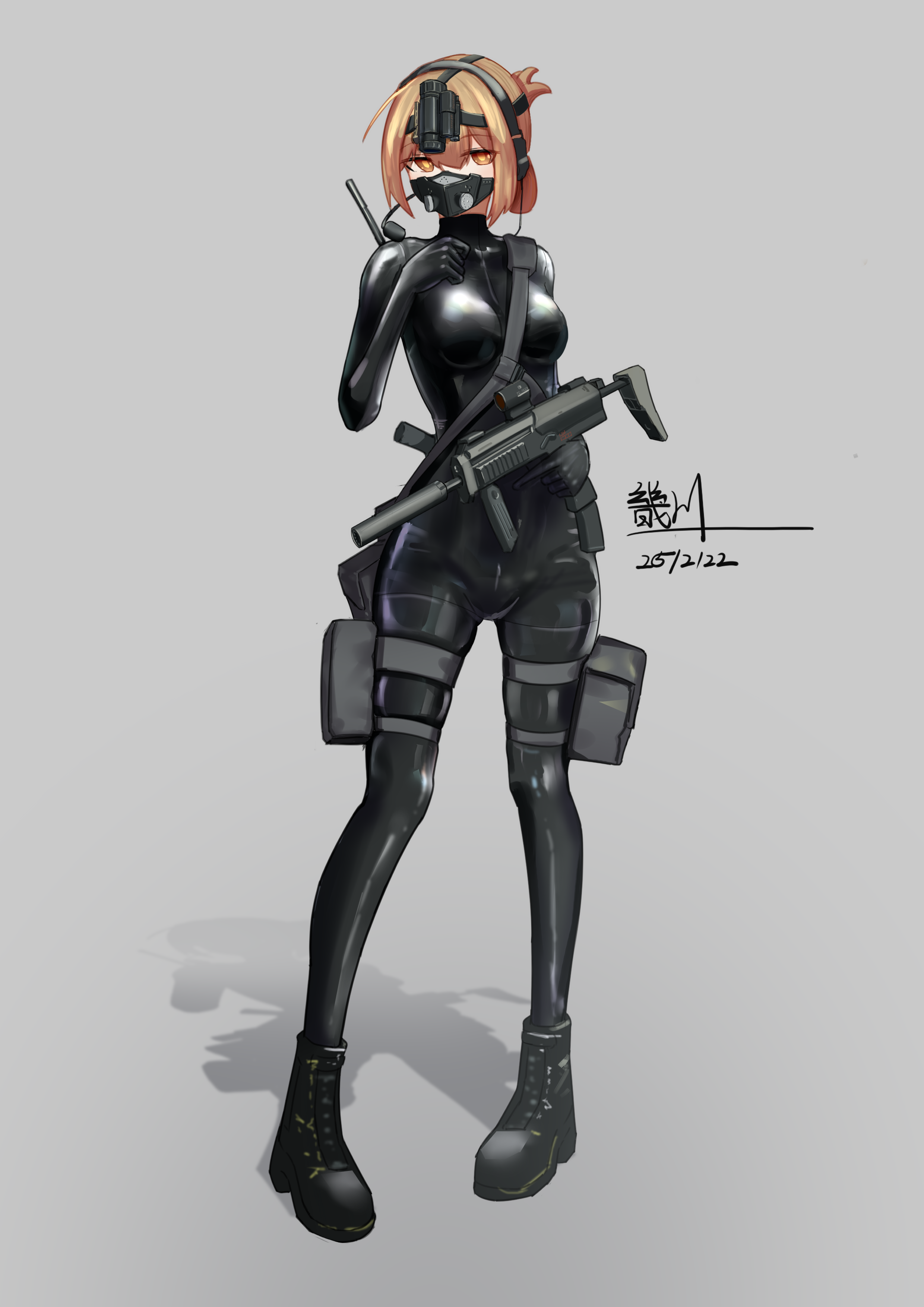 miliki, inazuma (kancolle), kantai collection, absurdres, highres, 1girl, black wetsuit, brown eyes, brown hair, dated, full body, grey background, gun, looking at viewer, mask, night vision device, signature, standing, submachine gun, weapon