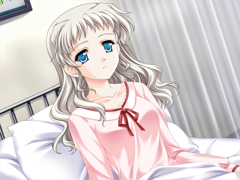 shiomi yue, reconquista, silver hair, game cg, non-web source, 1girl, aqua eyes, bed, dutch angle, female focus, hospital bed, long hair, on bed, sitting, sleepwear, solo