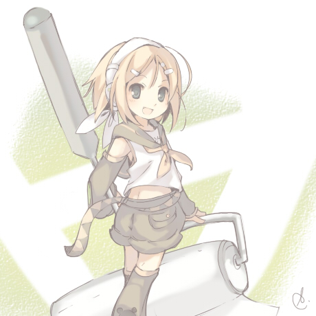 kagamine rin, vocaloid, lowres, 1girl, :d, animal print, blonde hair, blouse, blue eyes, blush, detached sleeves, female focus, from behind, hair ornament, hairclip, headphones, holding, looking back, open mouth, oversized object, paint roller, ribbon, roller, shirt, short hair, shorts, signature, smile, solo, white ribbon, white shirt, yellow ribbon