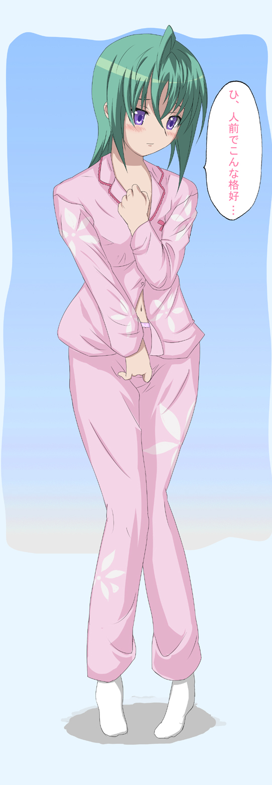 bentoss detritus, kannagi itsuki, sora wo kakeru shoujo, highres, translated, 00s, ahoge, blush, green hair, navel, pajamas, purple eyes, shy, socks, solo