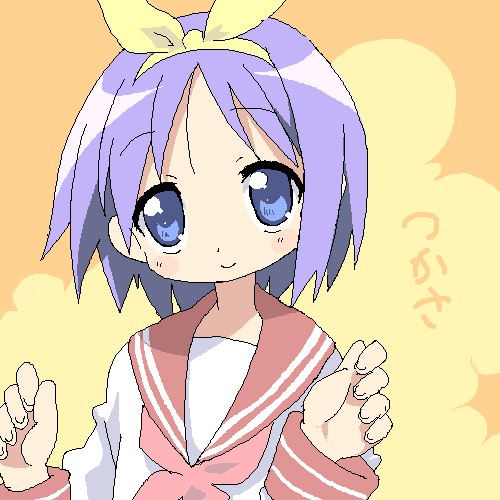 hiiragi tsukasa, lucky star, lowres, non-web source, 00s, blue eyes, hair ribbon, oekaki, purple hair, ribbon, school uniform, serafuku, short hair, solo