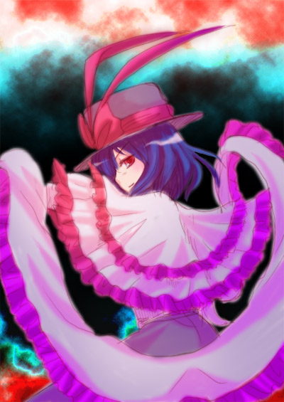 mikagami hiyori, nagae iku, touhou, 1girl, blue hair, female focus, hat, red eyes, scarf, solo, standing