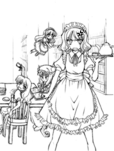 mikagami hiyori, alice margatroid, kirisame marisa, patchouli knowledge, shanghai doll, touhou, 3girls, alternate costume, anger vein, annoyed, apron, book, bookshelf, chair, cup, enmaided, female focus, greyscale, hat, library, maid, maid apron, maid headdress, matching shanghai, monochrome, multiple girls, no headwear, tea set, teacup, teapot, tray, voile