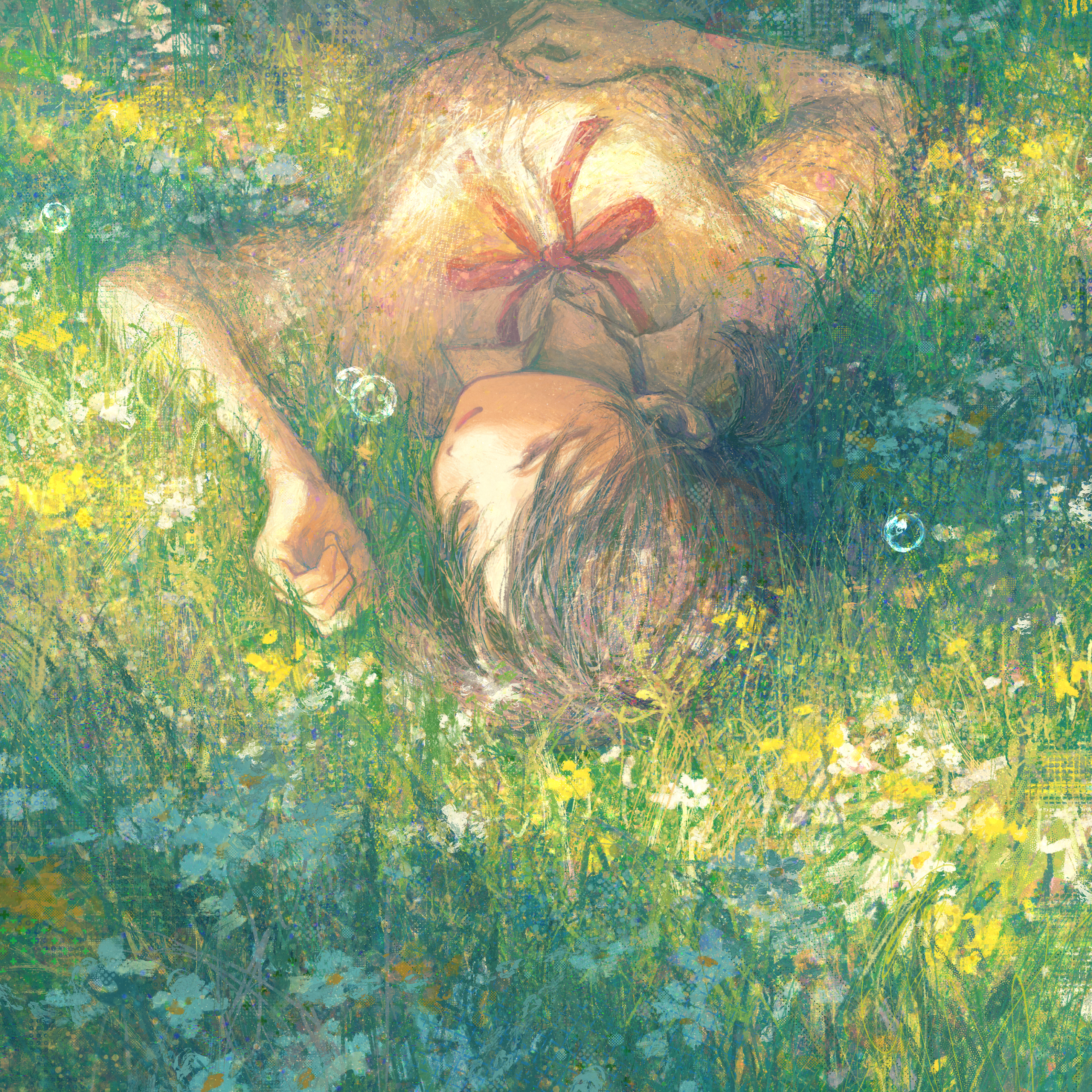 omocheese, original, absurdres, highres, 1girl, bow, bowtie, brown hair, collared shirt, day, flower, grass, half-closed eyes, hand on own stomach, lying, nature, on back, on ground, outdoors, red bow, red bowtie, shirt, short sleeves, short twintails, soap bubbles, solo, twintails