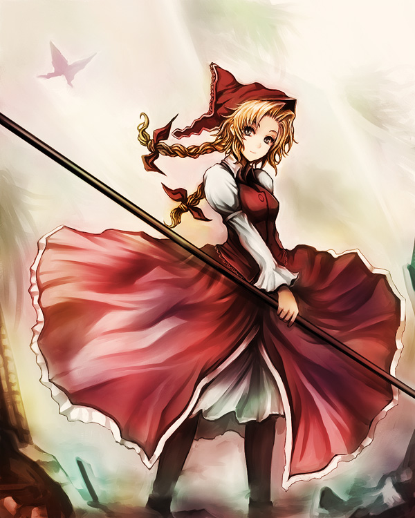 kara (color), cordelia (saga), cordelia (saga frontier 2), saga, saga frontier, saga frontier 2, 1girl, blonde hair, bonnet, braid, brown eyes, bug, butterfly, dress, long hair, red dress, smile, staff, twin braids, twintails