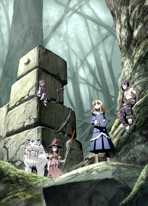takahata yuki, bushidou (sekaiju), bushidou 1 (sekaiju), curse maker, curse maker 2, doctor magus, doctor magus 2, gunner (sekaiju), gunner 2 (sekaiju), pet (sekaiju), pet 1 (sekaiju), atlus, etrian odyssey, 1boy, 3girls, black hair, blonde hair, blue eyes, forest, hat, multiple girls, nature, ruins, sitting, skirt, teeth, tiger, yellow eyes