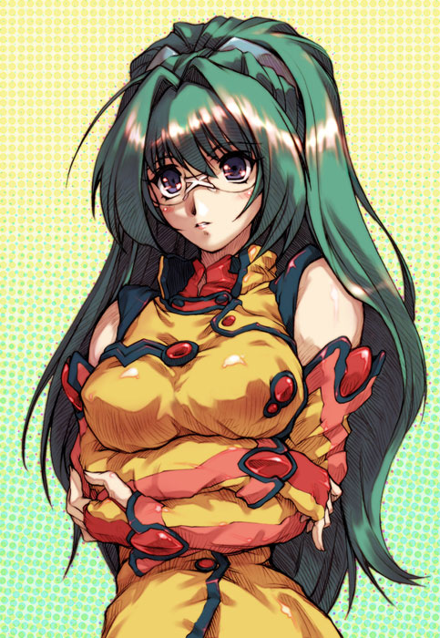 hisahiko, angelica shalteel, banpresto, super robot wars, super robot wars k, 1girl, breasts, detached sleeves, female focus, fingerless gloves, glasses, gloves, green hair, large breasts, long hair, military, military uniform, purple eyes, solo