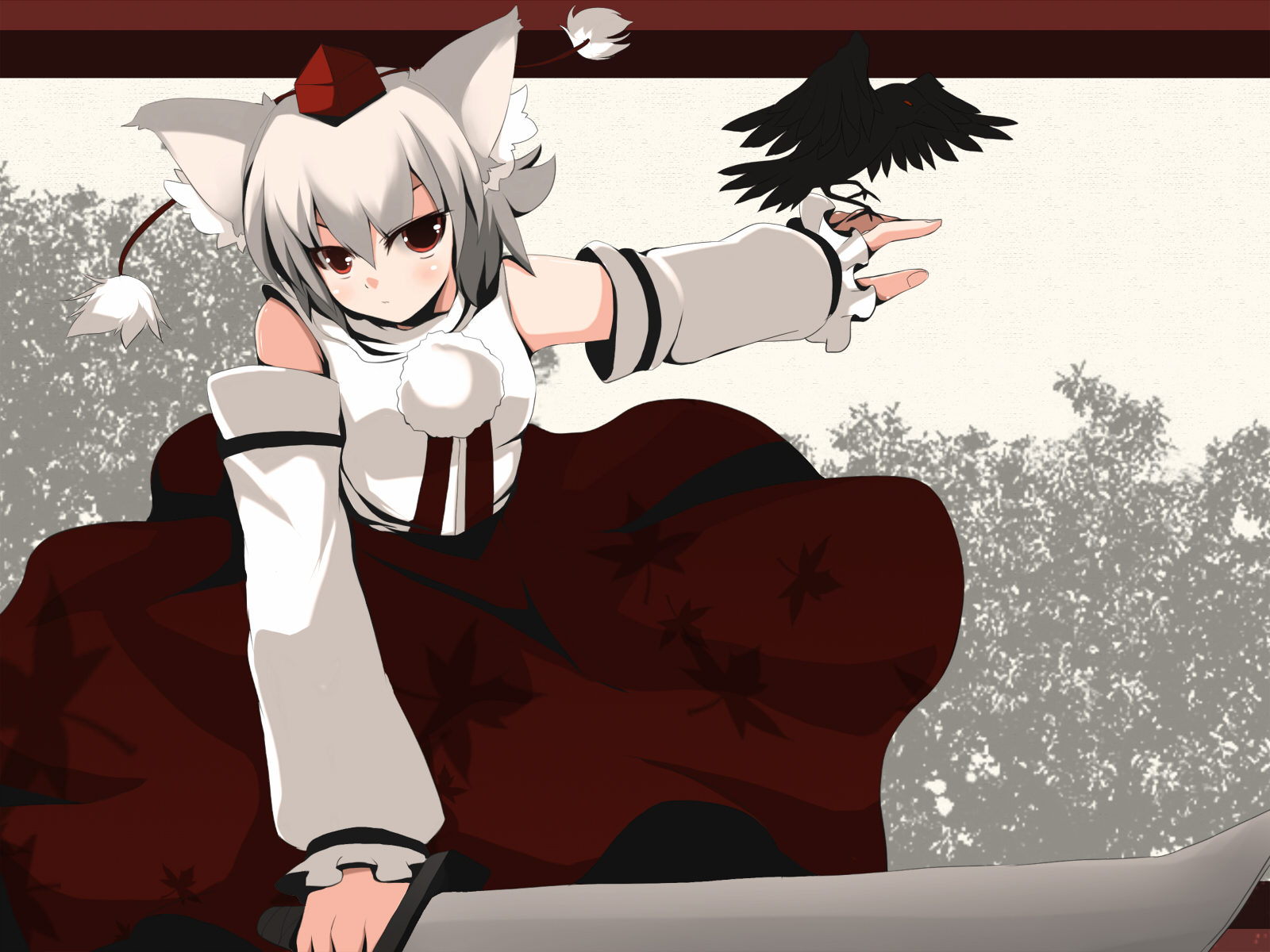 meneru, inubashiri momiji, touhou, highres, 1girl, animal ears, bird, bird on hand, detached sleeves, female focus, hat, red eyes, short hair, solo, tokin hat, white hair, wolf ears