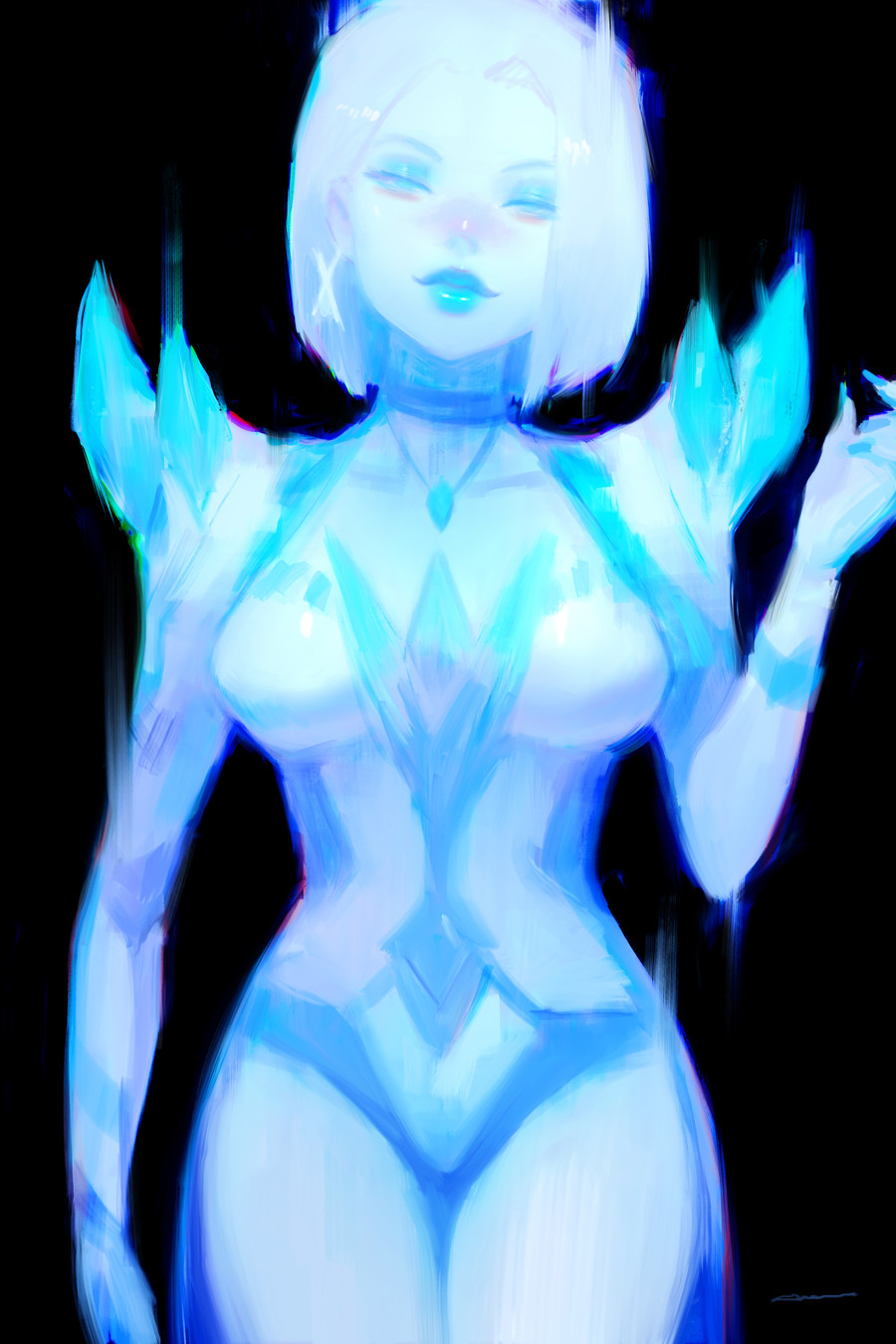 alex chow, emma frost, marvel, marvel rivals, x-men, highres, tagme, 1girl, black background, blue gemstone, blue lips, blue skin, colored skin, diamond (shape), diamond skin, gem, jewelry, leotard, looking at viewer, necklace, short hair, solo