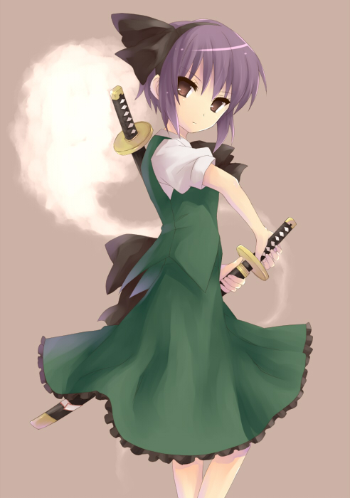 hijiki (hijikini), hijikini, konpaku youmu, konpaku youmu (ghost), nagato yuki, suzumiya haruhi no yuuutsu, touhou, silver hair, bad id, bad pixiv id, 1girl, brown eyes, cosplay, female focus, fighting stance, katana, konpaku youmu (cosplay), ready to draw, sheath, sheathed, short hair, solo, sword, weapon