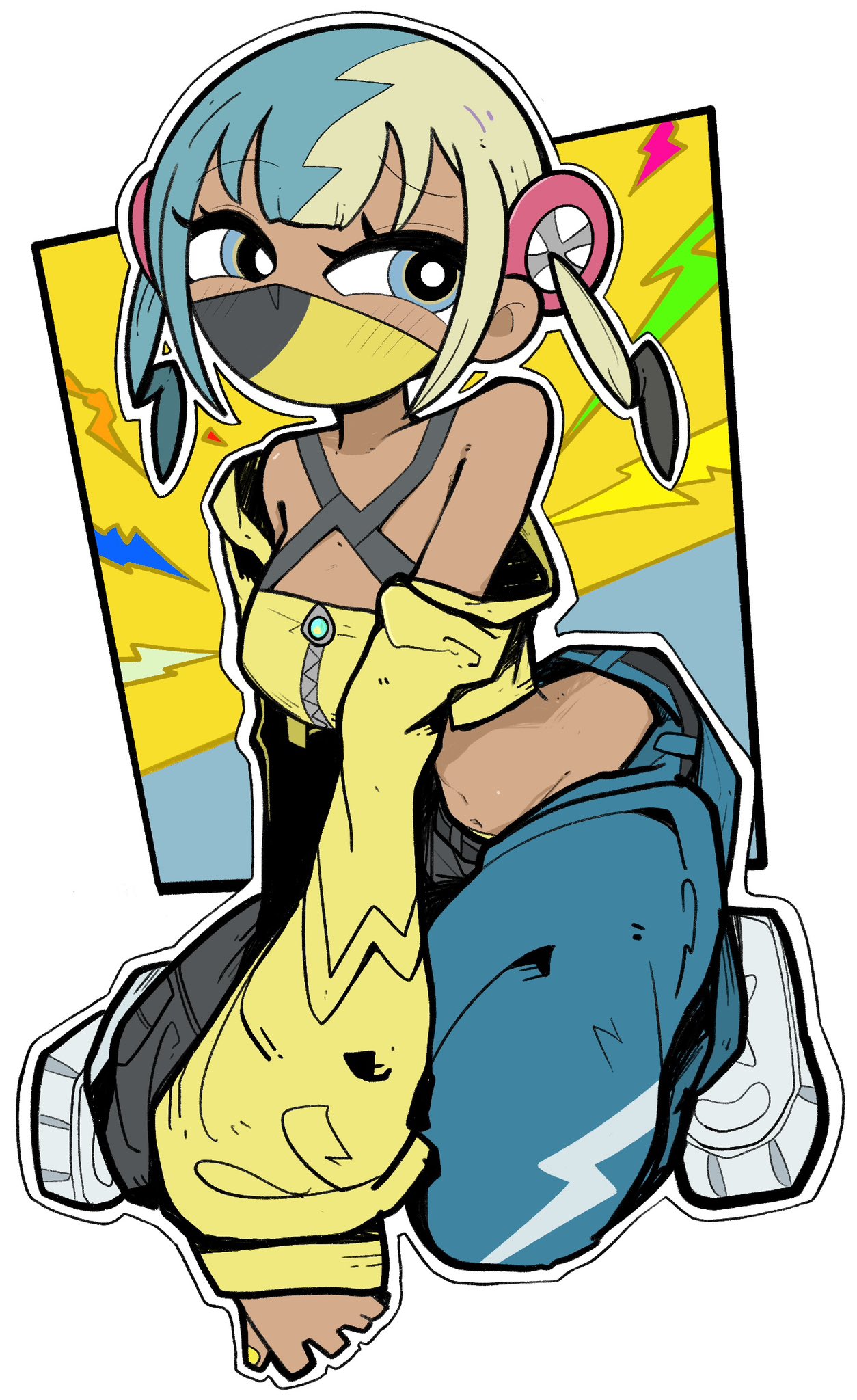 rumford, canari (pokemon), nintendo, pokemon, pokemon legends: z-a, highres, 1girl, blonde hair, blue eyes, blue hair, blue pants, breasts, cropped jacket, jacket, large breasts, long hair, long sleeves, looking to the side, mask, mouth mask, multicolored hair, navel, pants, shoes, sidelocks, sleeves past wrists, sneakers, solo, two-tone hair, white background, white shoes, yellow jacket, yellow nails