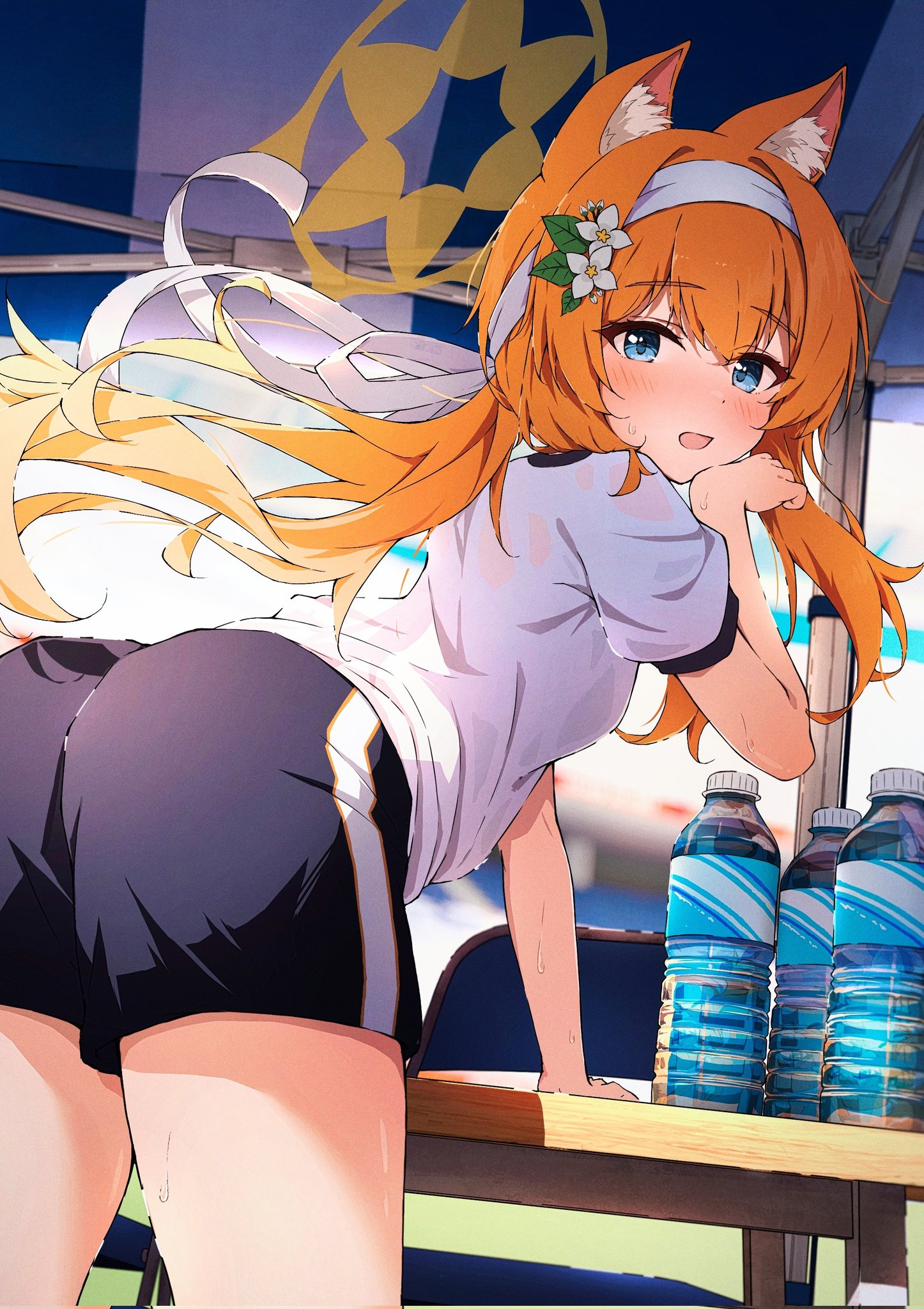 moru (moru20000), mari (blue archive), mari (track) (blue archive), blue archive, highres, 1girl, animal ears, ass, blonde hair, blue eyes, blush, day, gym uniform, halo, long hair, looking at viewer, open mouth, outdoors, solo, yellow halo