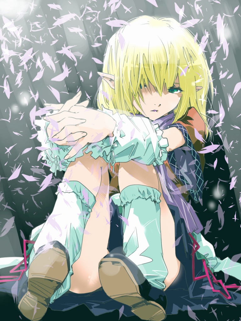 kuruwa (artist), teoshiguruma, mizuhashi parsee, touhou, 1girl, arm warmers, blonde hair, female focus, green eyes, petals, pointy ears, short hair, sitting, solo