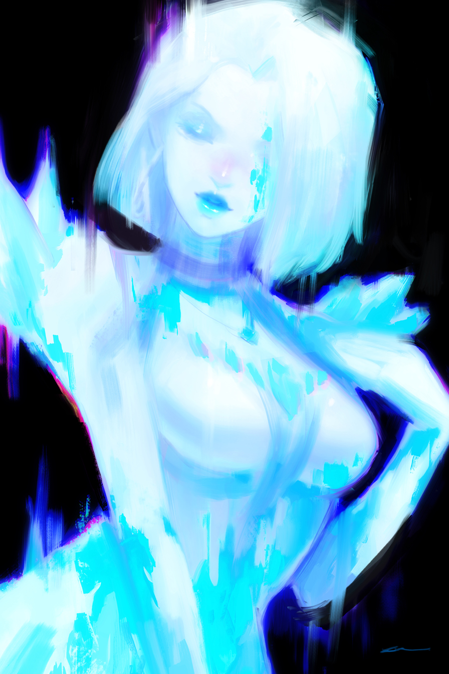 alex chow, emma frost, marvel, marvel rivals, x-men, highres, tagme, blue gemstone, blue lips, blue skin, blue theme, closed eyes, colored skin, diamond (shape), diamond skin, gem, hair over one eye, hand on own chest, jewelry, necklace, outline, pink outline, short hair