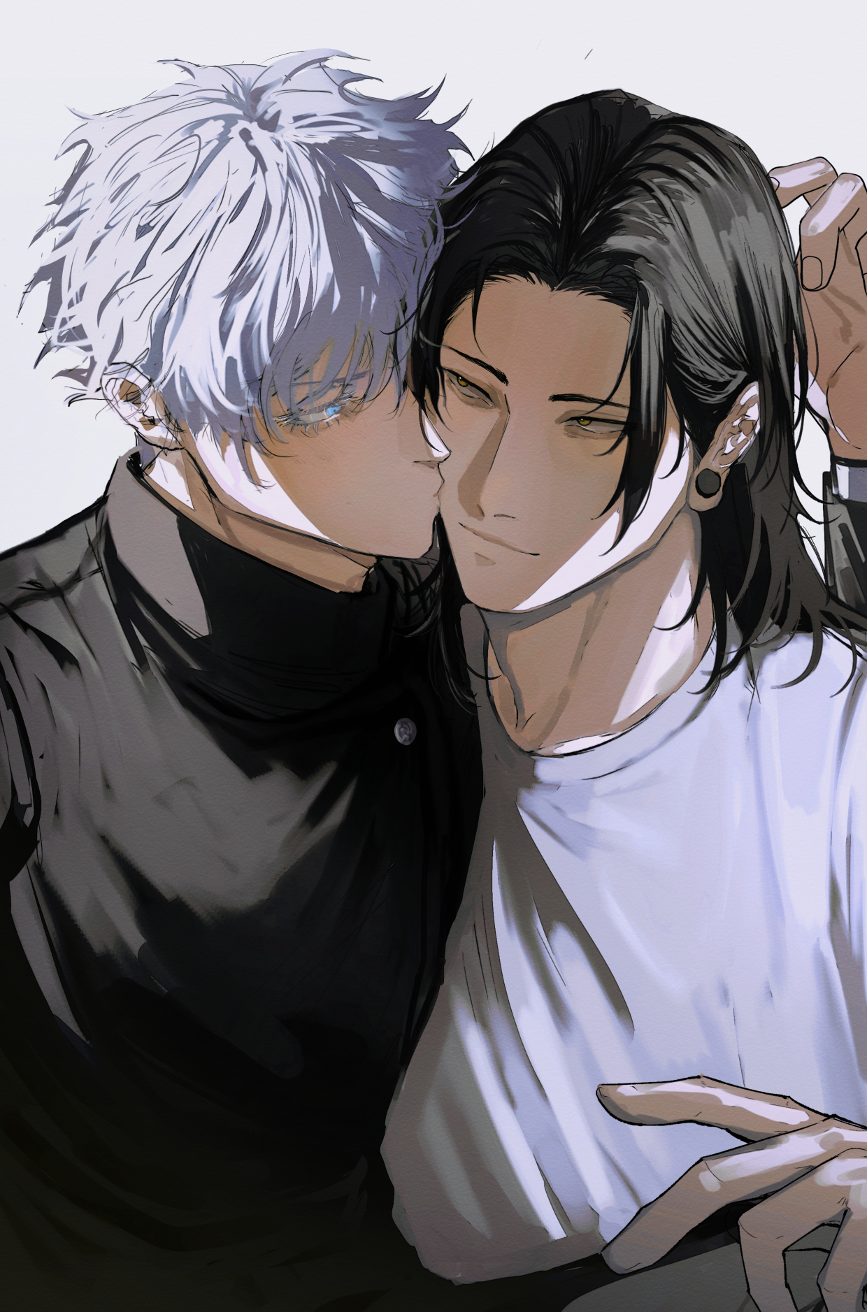 ogata69, getou suguru, gojou satoru, jujutsu kaisen, commentary, english commentary, highres, 2boys, adam's apple, arm up, black shirt, blue eyes, brown eyes, closed mouth, colored eyelashes, crew neck, eye contact, fingernails, hair down, kiss, kissing cheek, long hair, long sleeves, looking at another, looking to the side, male focus, multiple boys, parted hair, piercing, plug (piercing), shirt, simple background, smile, white background, white hair, white shirt, yaoi