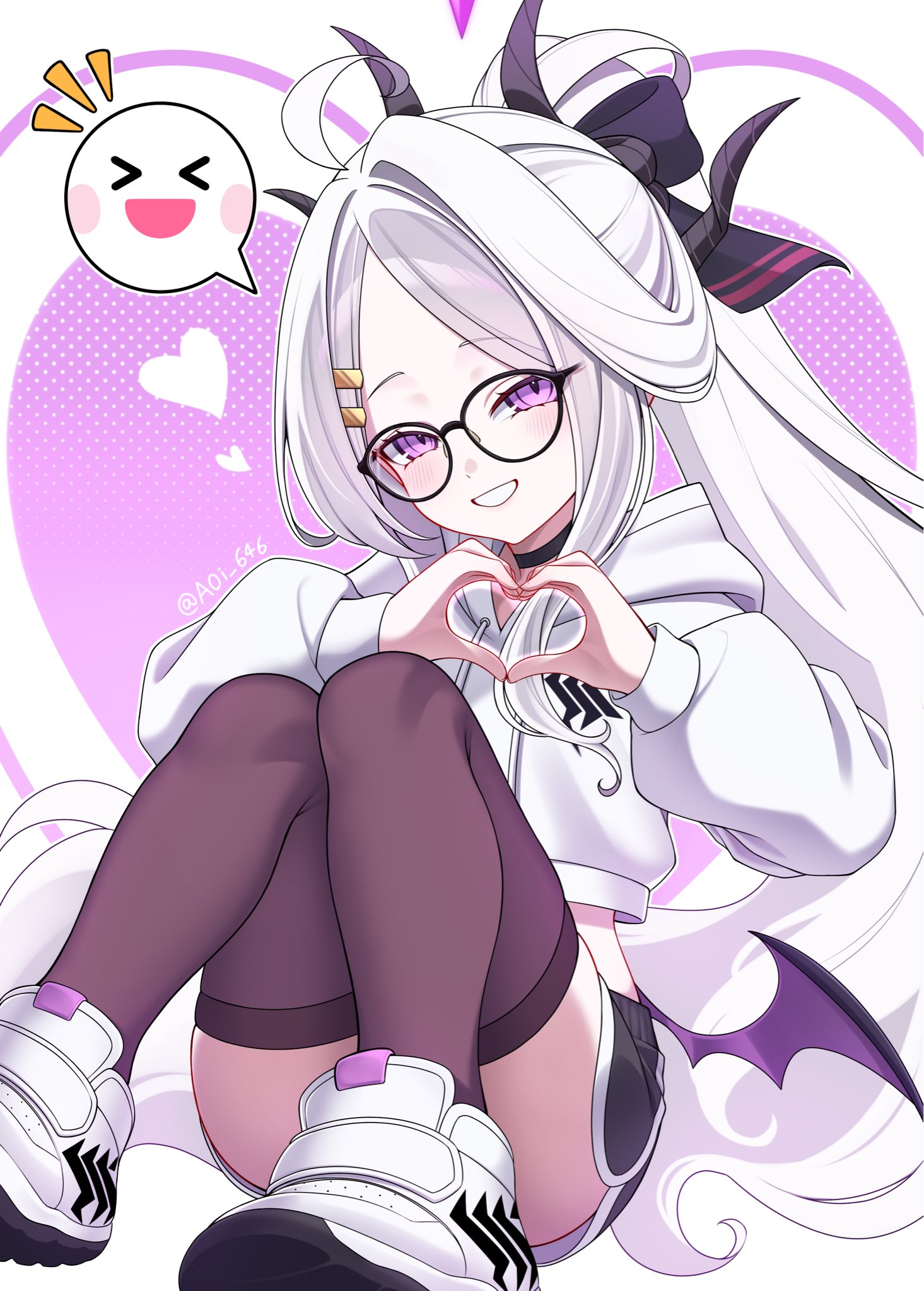 aoi ryo, hina (blue archive), blue archive, highres, ahoge, black halo, black thighhighs, demon girl, demon horns, demon wings, gehenna academy logo, glasses, halo, heart, heart hands, horns, long hair, low wings, purple eyes, shoes, sitting, sneakers, thighhighs, thighs, very long hair, white hair, wings