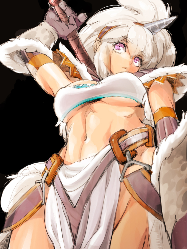 9aki, capcom, monster hunter (series), 1girl, armor, breasts, cleavage, elbow gloves, female focus, gloves, hairband, horns, katana, kirin (armor), midriff, navel, ootachi, purple eyes, single horn, solo, sword, underboob, weapon, white hair