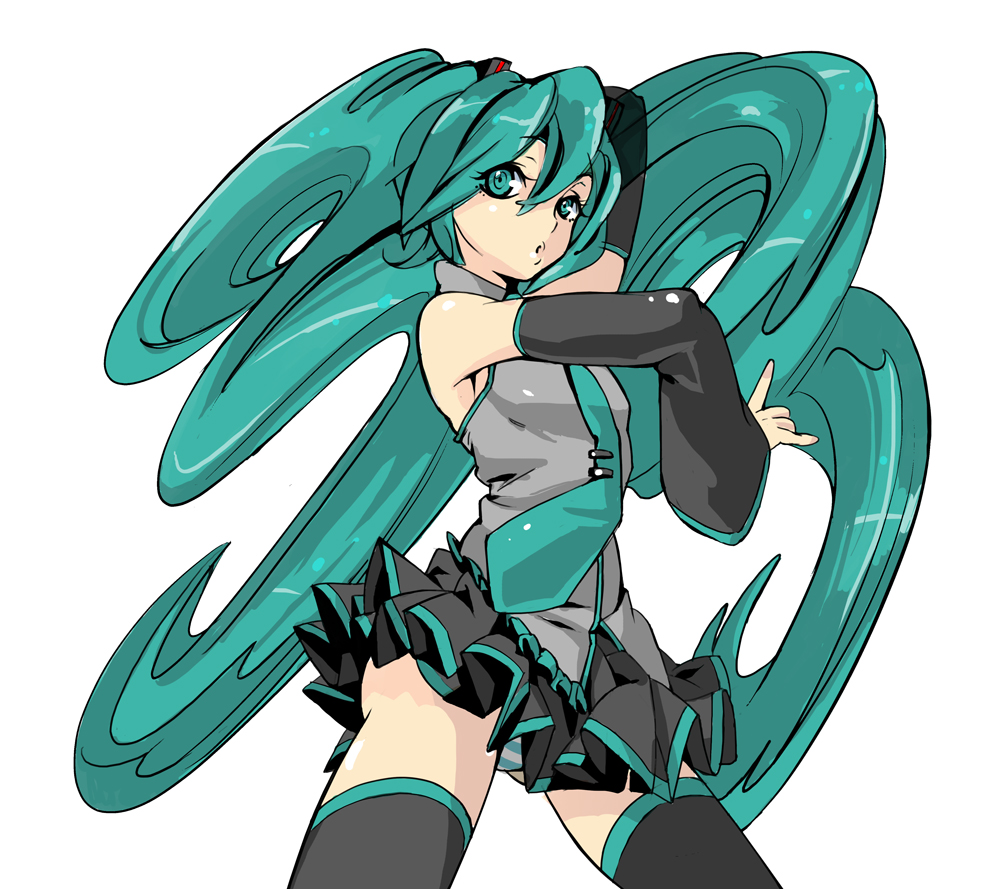 9aki, hatsune miku, vocaloid, bad id, bad pixiv id, aqua eyes, aqua hair, detached sleeves, long hair, necktie, panties, skirt, solo, striped clothes, striped panties, thighhighs, twintails, underwear, very long hair, zettai ryouiki