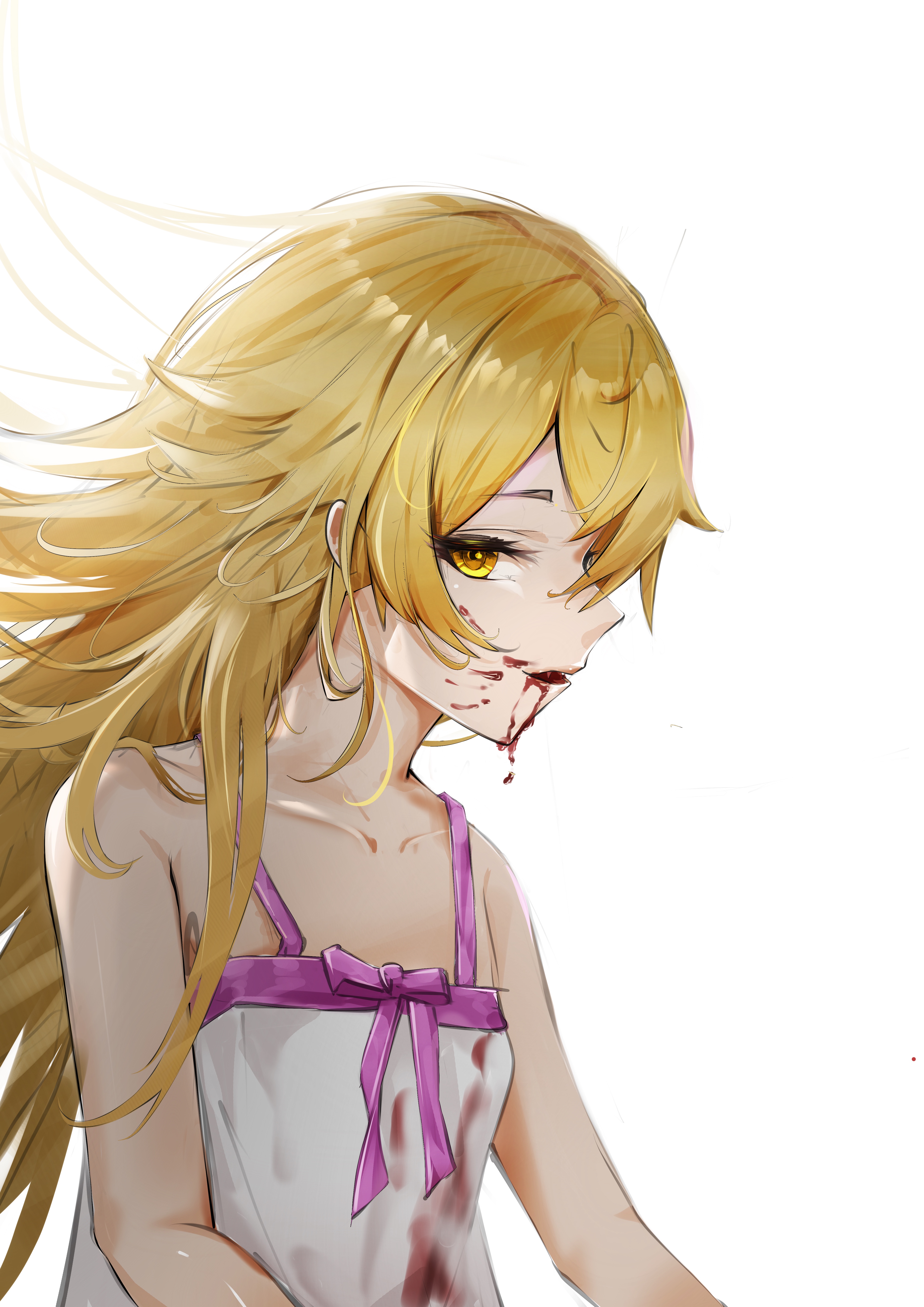 oshino shinobu, bakemonogatari, monogatari (series), absurdres, highres, 1girl, bare arms, bare shoulders, blonde hair, blood, blood on clothes, blood on face, dress, liuyunnnn, long hair, looking at viewer, simple background, sleeveless, sleeveless dress, solo, white background, white dress, yellow eyes