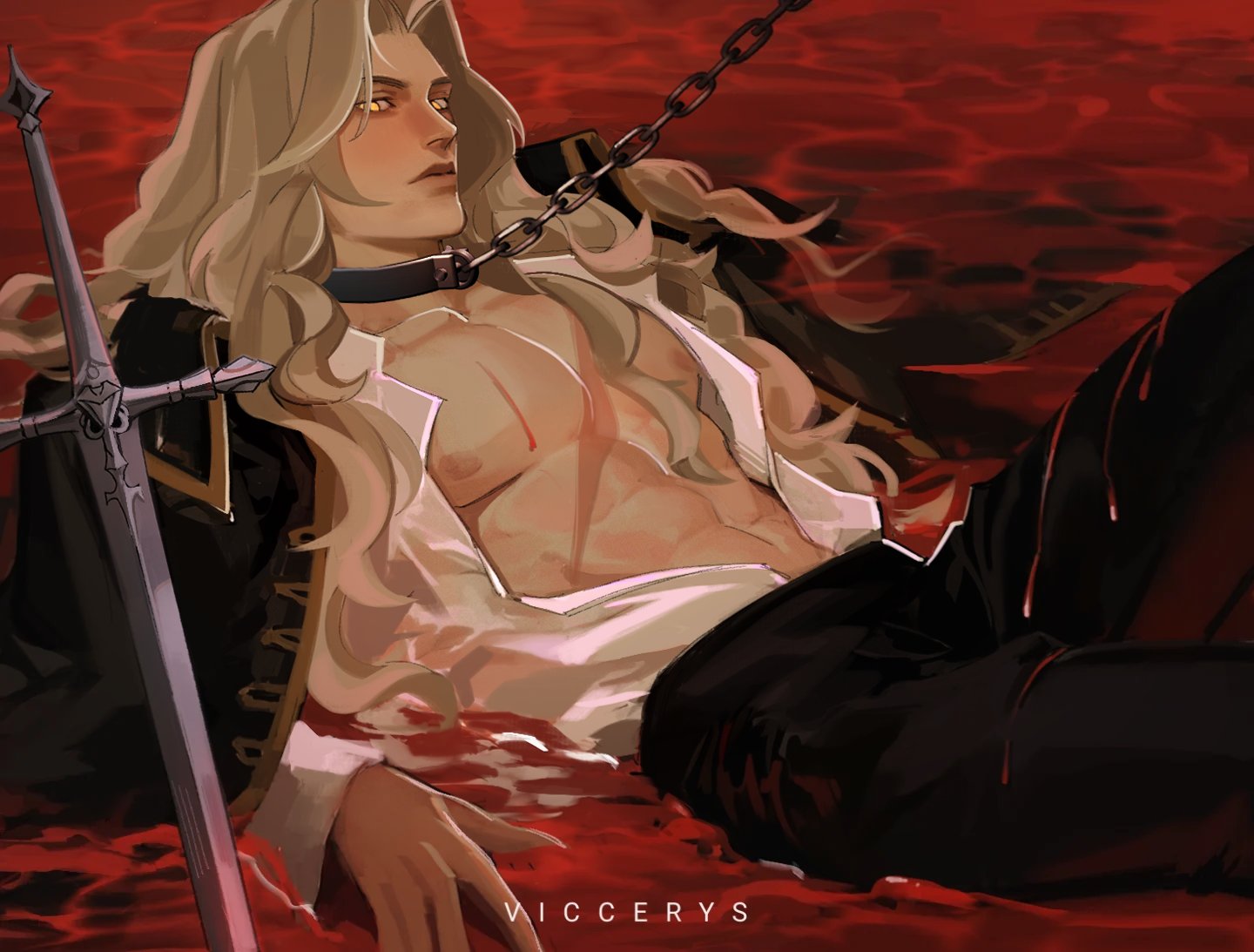 viccerys, alucard (castlevania), castlevania (series), commentary, english commentary, 1boy, abs, artist name, bare pectorals, black choker, black coat, black pants, blonde hair, blood, chain, choker, coat, coat on shoulders, collarbone, curtained hair, lips, long hair, long sleeves, lying, male focus, on back, open clothes, open shirt, pants, pectorals, planted, planted sword, planted weapon, shirt, shirt tucked in, solo, sword, wavy hair, weapon, white shirt, yellow eyes