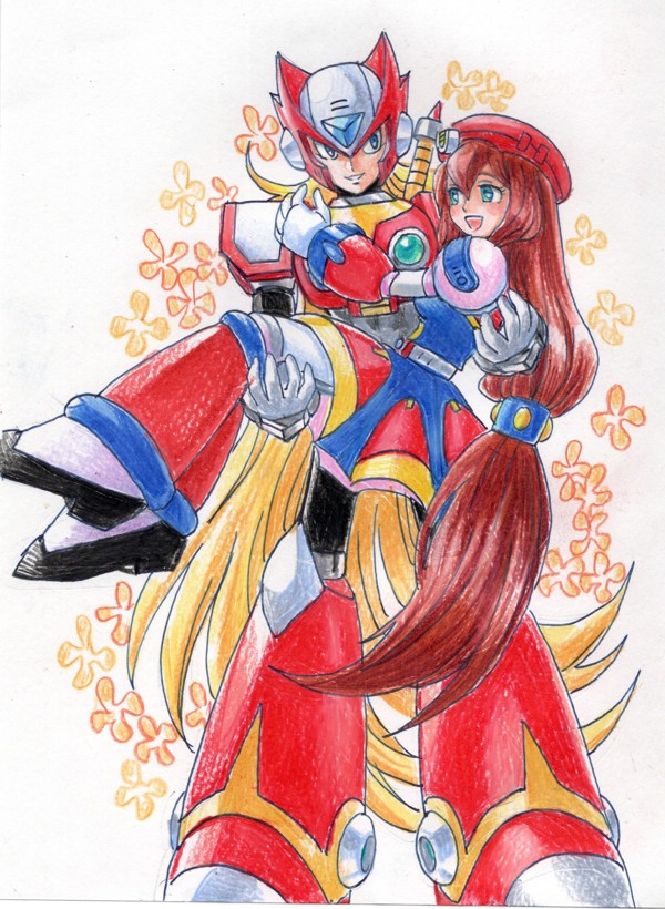 hijiriiyaa, iris (mega man), zero (mega man), mega man (series), mega man x (series), krita (medium), traditional media, 1boy, 1girl, android, armor, beret, blonde hair, blue eyes, brown hair, chest jewel, closed mouth, dress, flower, forehead jewel, full body, green eyes, hat, helmet, jewelry, long hair, looking at another, multicolored dress, open mouth, ponytail, red armor, red hat, red helmet, robot, robot ears, robot girl, shoulder armor, simple background, smile, very long hair, white background