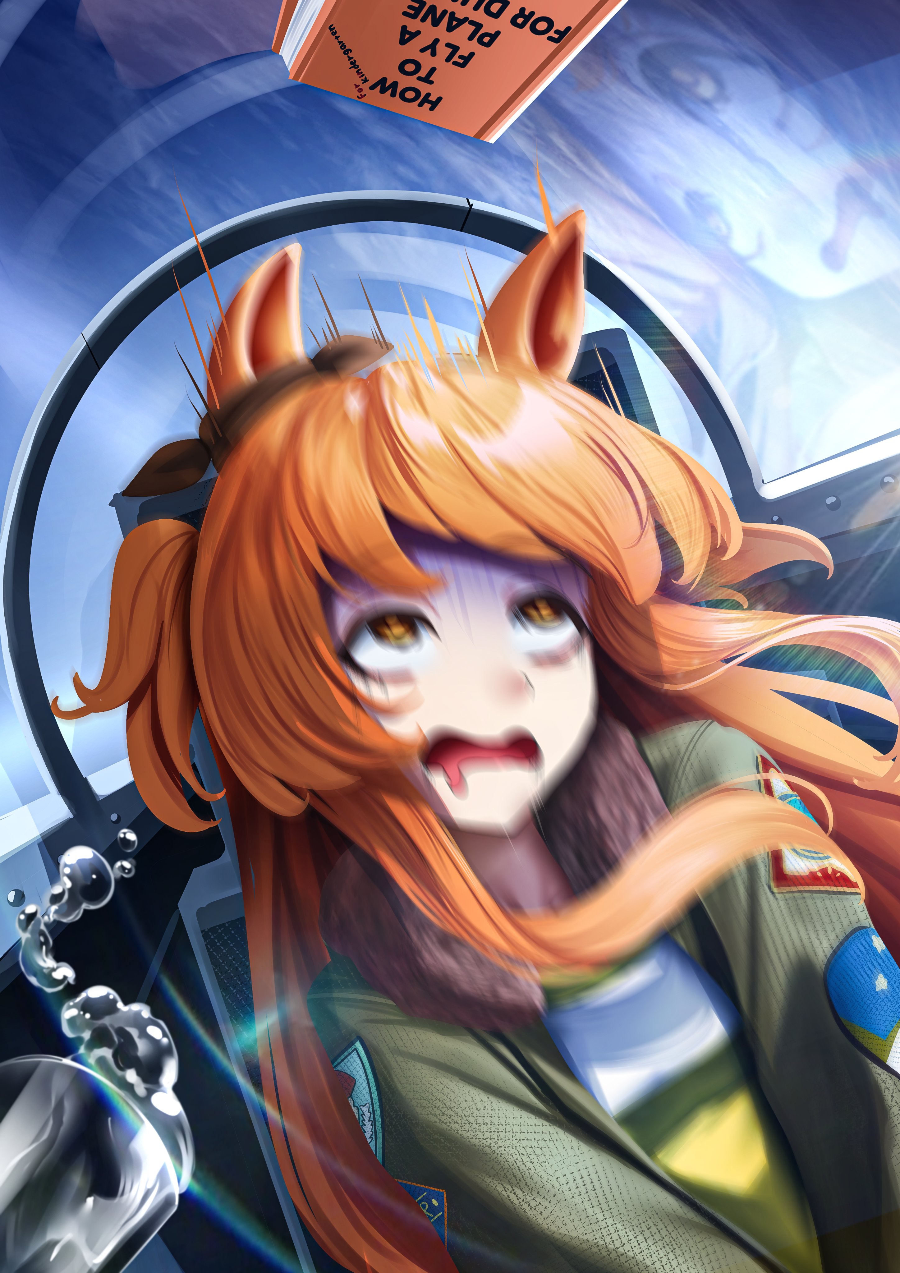 manjo (warito), mayano top gun (scramble zone) (umamusume), mayano top gun (umamusume), umamusume, absurdres, highres, 1girl, aircraft, airplane, animal ears, bomber jacket, book, drooling, fighter jet, green jacket, green shirt, horse ears, horse girl, jacket, long hair, military vehicle, mouth drool, open mouth, orange eyes, orange hair, reflection, shirt, solo, two side up