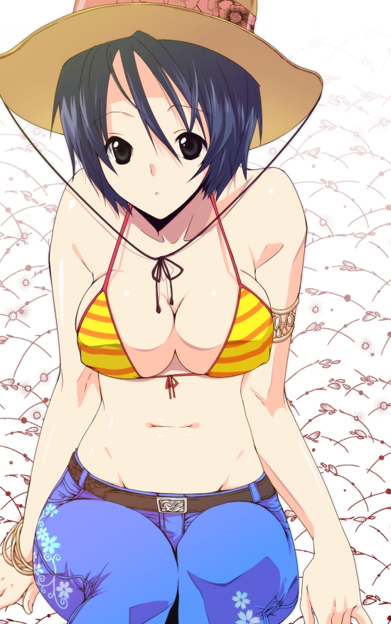 jakou nezumi, 1girl, bikini, bikini top only, black eyes, black hair, breasts, cleavage, female focus, hat, large breasts, short hair, solo, swimsuit, yellow bikini