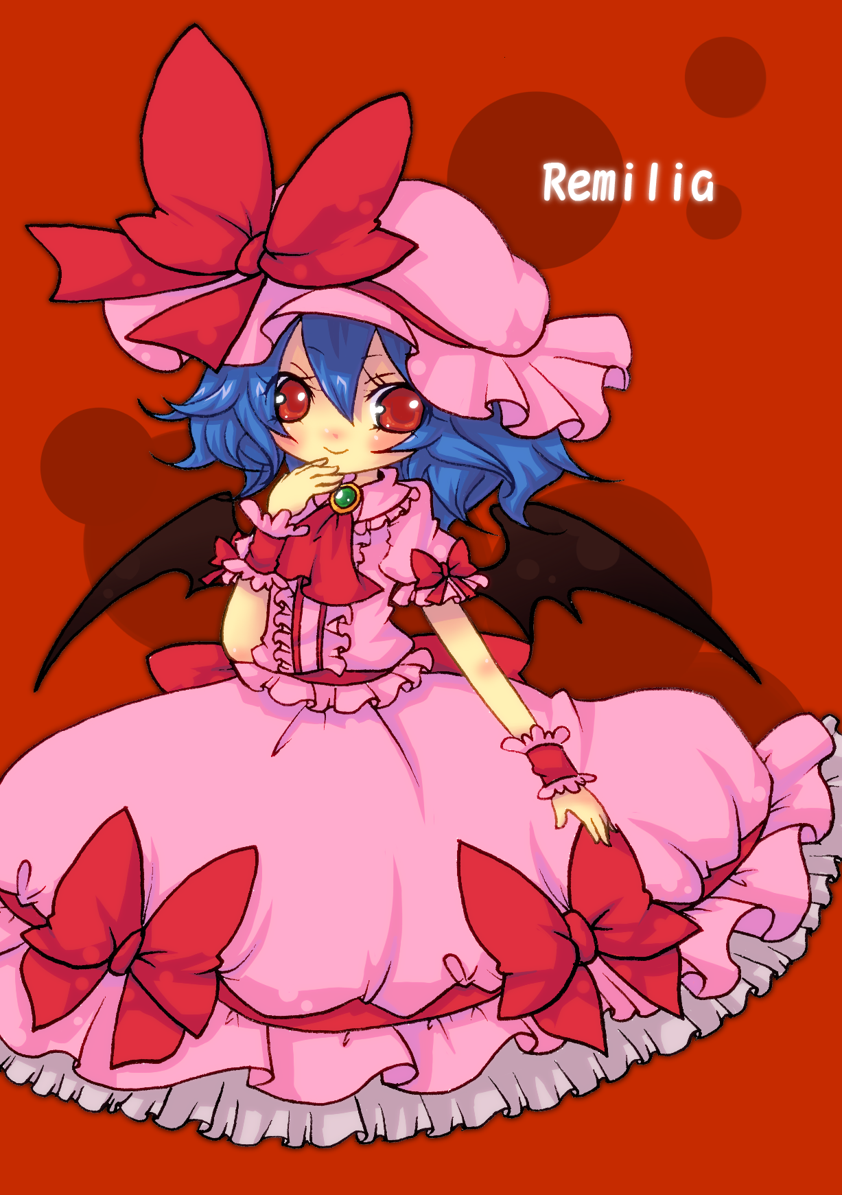 koori rei yakko, remilia scarlet, touhou, bad id, bad pixiv id, highres, 1girl, bat wings, blue hair, bow, female focus, hat, red eyes, ribbon, skirt, solo, wings, wrist cuffs