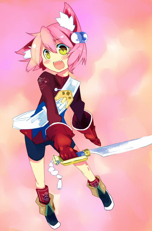kanikama, fighter (7th dragon), harukara (7th dragon), 7th dragon, 7th dragon (series), 1girl, animal ears, bike shorts, female focus, gloves, pink hair, solo, sword, weapon, yellow eyes