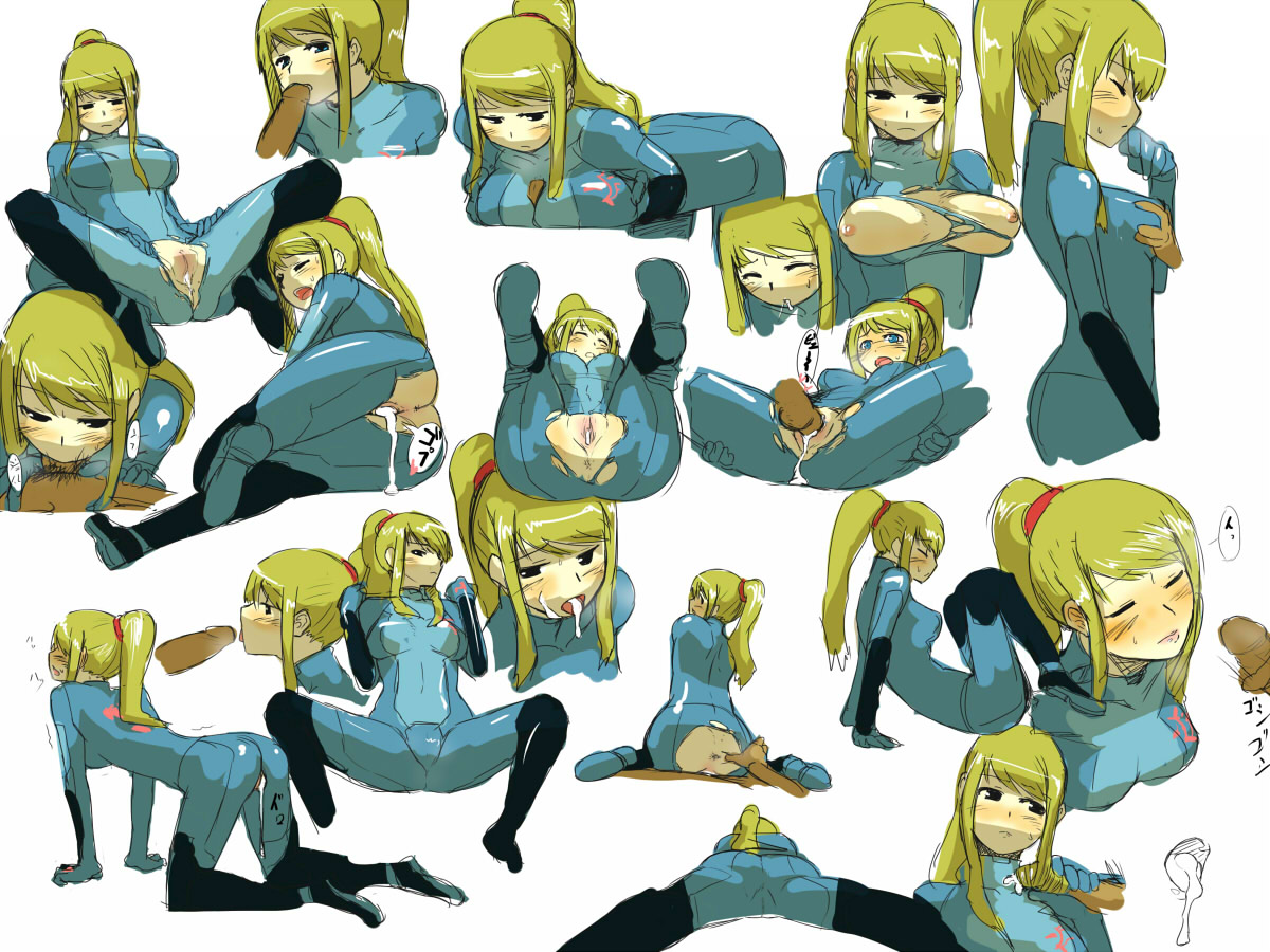 samus aran, metroid, nintendo, artist request, 1girl, all fours, anus, ass, blonde hair, blush, bodysuit, breasts, clothed sex, cum, cum in mouth, cum in pussy, cumdrip, dark-skinned male, dark skin, fellatio, grabbing another's breast, groping, hairjob, handjob, large breasts, latex, long hair, multiple expressions, multiple views, nipples, oral, paizuri, paizuri over clothes, penis, ponytail, pussy, sex, spread anus, spread legs, text focus, torn clothes, uncensored, vaginal, zero suit