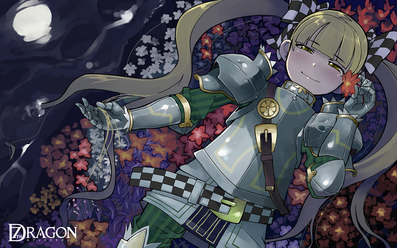 ookamiuo, berich (7th dragon), knight (7th dragon), 7th dragon, 7th dragon (series), 1girl, armor, blonde hair, female focus, flower, solo, twintails, yellow eyes