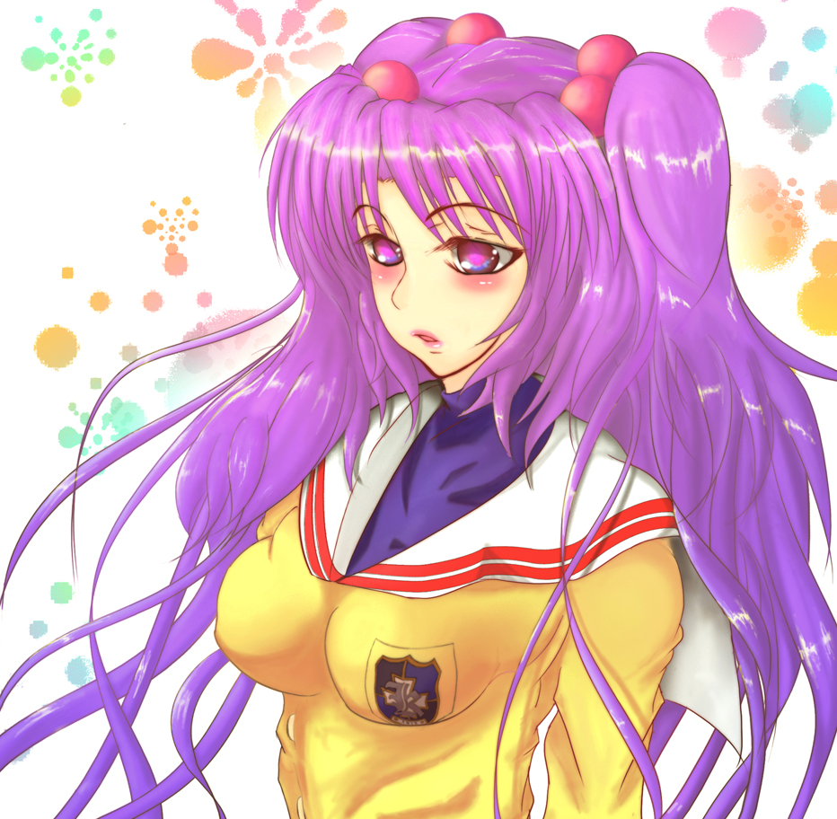 suzuhane suzu, ichinose kotomi, clannad, bad id, bad pixiv id, 00s, hair bobbles, hair ornament, long hair, purple eyes, purple hair, school uniform, solo, twintails, two side up