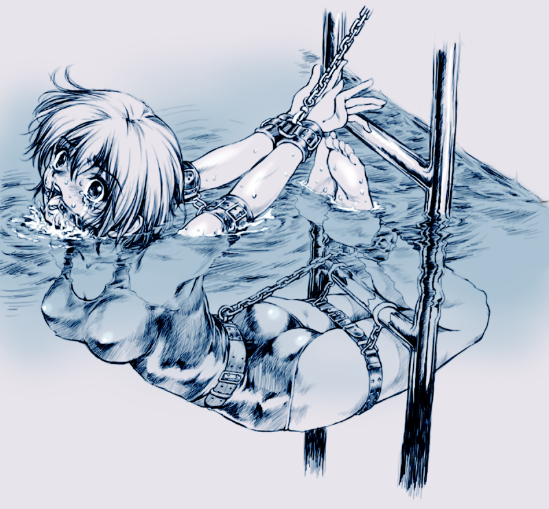 pizza man, 1girl, asphyxiation, barefoot, bdsm, belt, blue theme, bondage, bound, breasts, chain, covered erect nipples, cuffs, drowning, feet, female focus, gag, gagged, ladder, large breasts, leather restraints, monochrome, one-piece swimsuit, open mouth, partially submerged, peril, pool, pool ladder, predicament bondage, restrained, ring gag, shackled, shackles, short hair, solo, swimsuit, tears, toes, torment, torture, water, wet