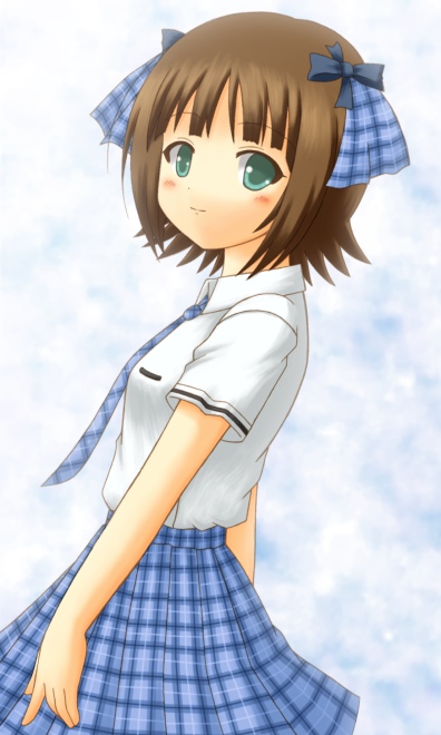 karasu p, amami haruka, idolmaster, idolmaster (classic), bad id, bad pixiv id, 00s, 1girl, brown hair, female focus, green eyes, plaid clothes, plaid skirt, rough time school, school uniform, short hair, skirt, solo