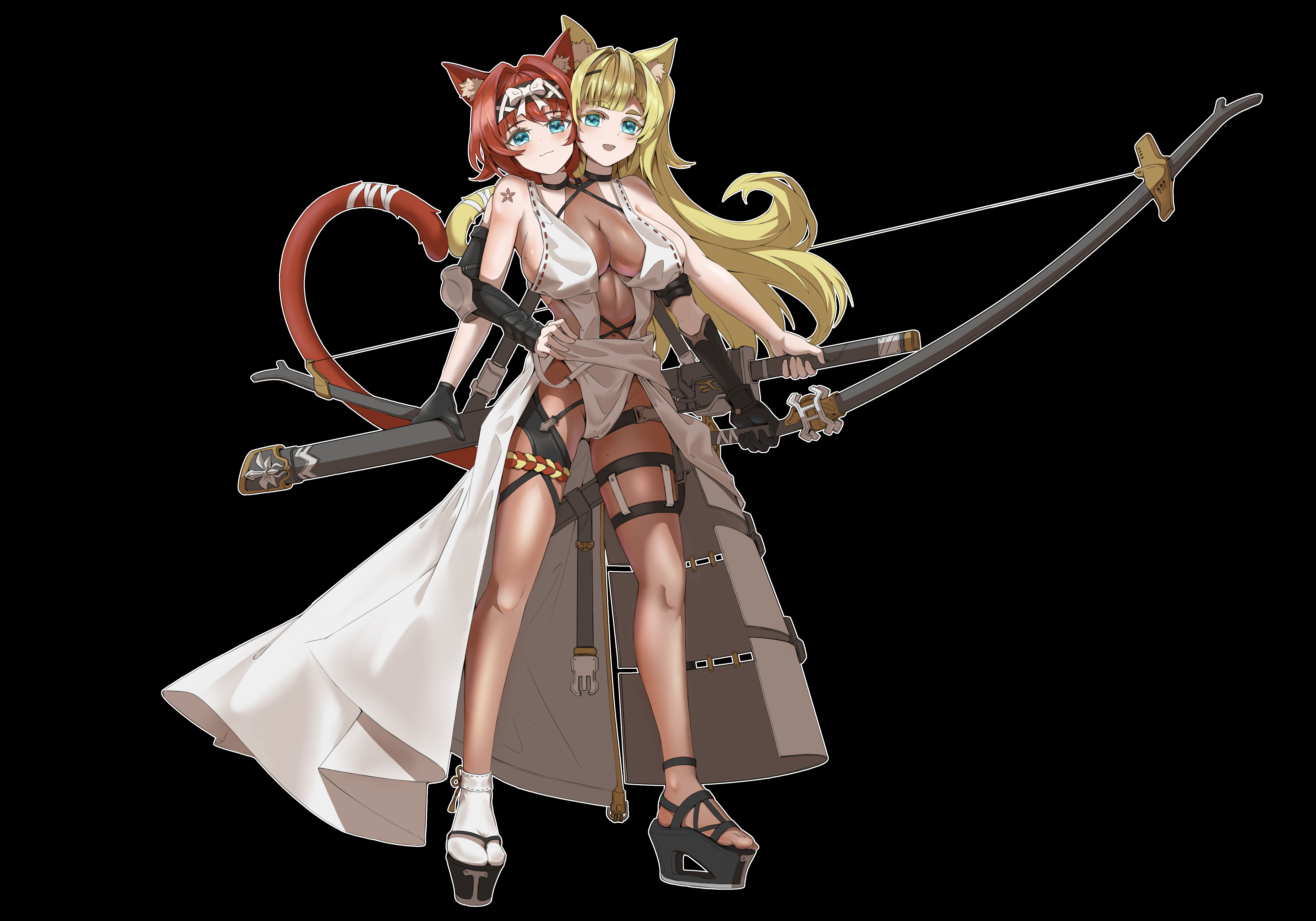 original, absurdres, highres, animal ears, blue eyes, cat ears, cat tail, conjoined, extra arms, fretyn, soles, tail
