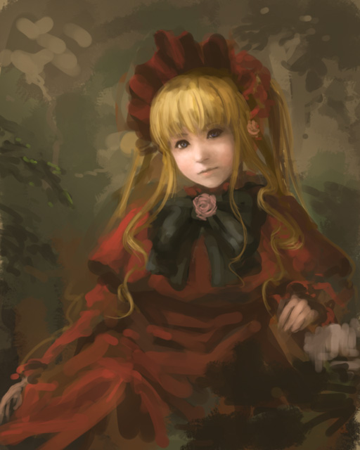 shou (s syo), shinku, rozen maiden, artist request, md5 mismatch, 00s, 1girl, blonde hair, blue eyes, bonnet, dress, drill hair, female focus, flower, long hair, realistic, rose, solo