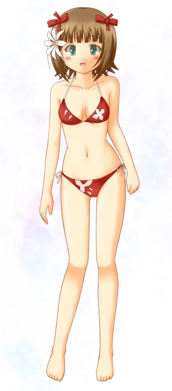 karasu p, amami haruka, idolmaster, idolmaster (classic), idolmaster 1, bad id, bad pixiv id, 00s, 1girl, barefoot, bikini, brown hair, female focus, full body, gradient background, green eyes, red bikini, short hair, solo, string bikini, swimsuit