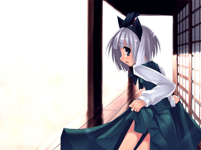 sazanami mio, konpaku youmu, touhou, silver hair, 1girl, animal ears, female focus, outdoors, skirt, solo