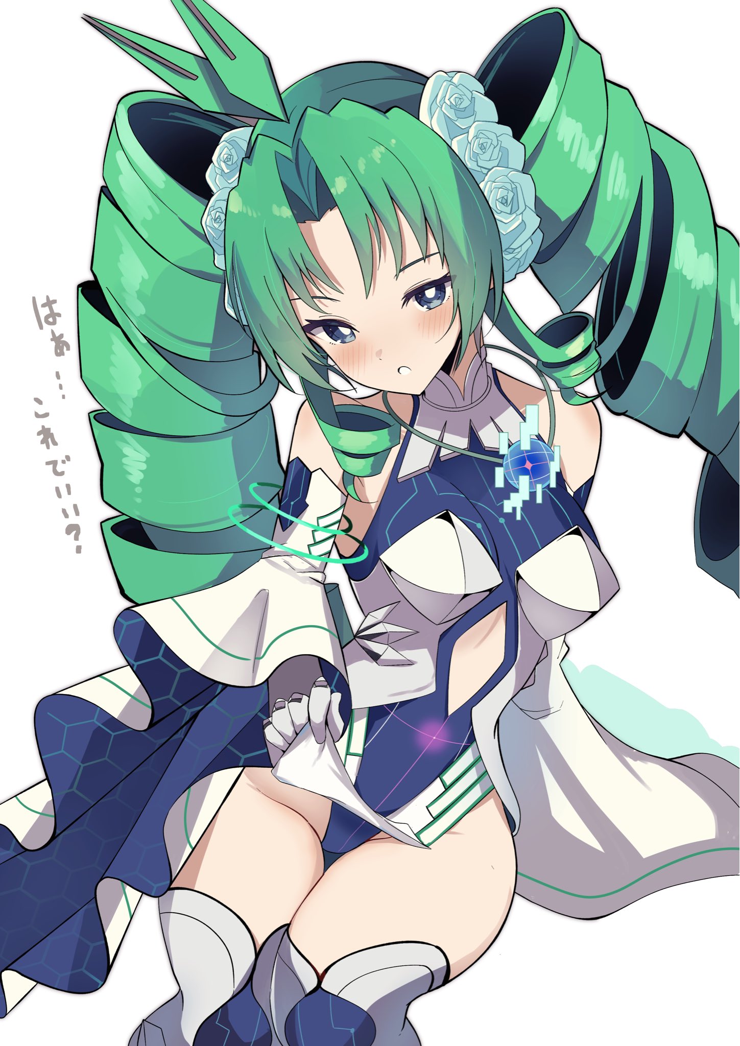 koshian (taiyaki), kiriko (duel masters), duel masters, duel masters play's, highres, translation request, 1girl, antenna hair, aqua eyes, bare shoulders, blue leotard, breasts, detached sleeves, drill hair, emperor kiriko (duel masters), energy ring, flower, gloves, green hair, hair flower, hair ornament, jewelry, leotard, lifting own clothes, long hair, looking at viewer, necklace, solo, twin drills, white background, white gloves, white mouth