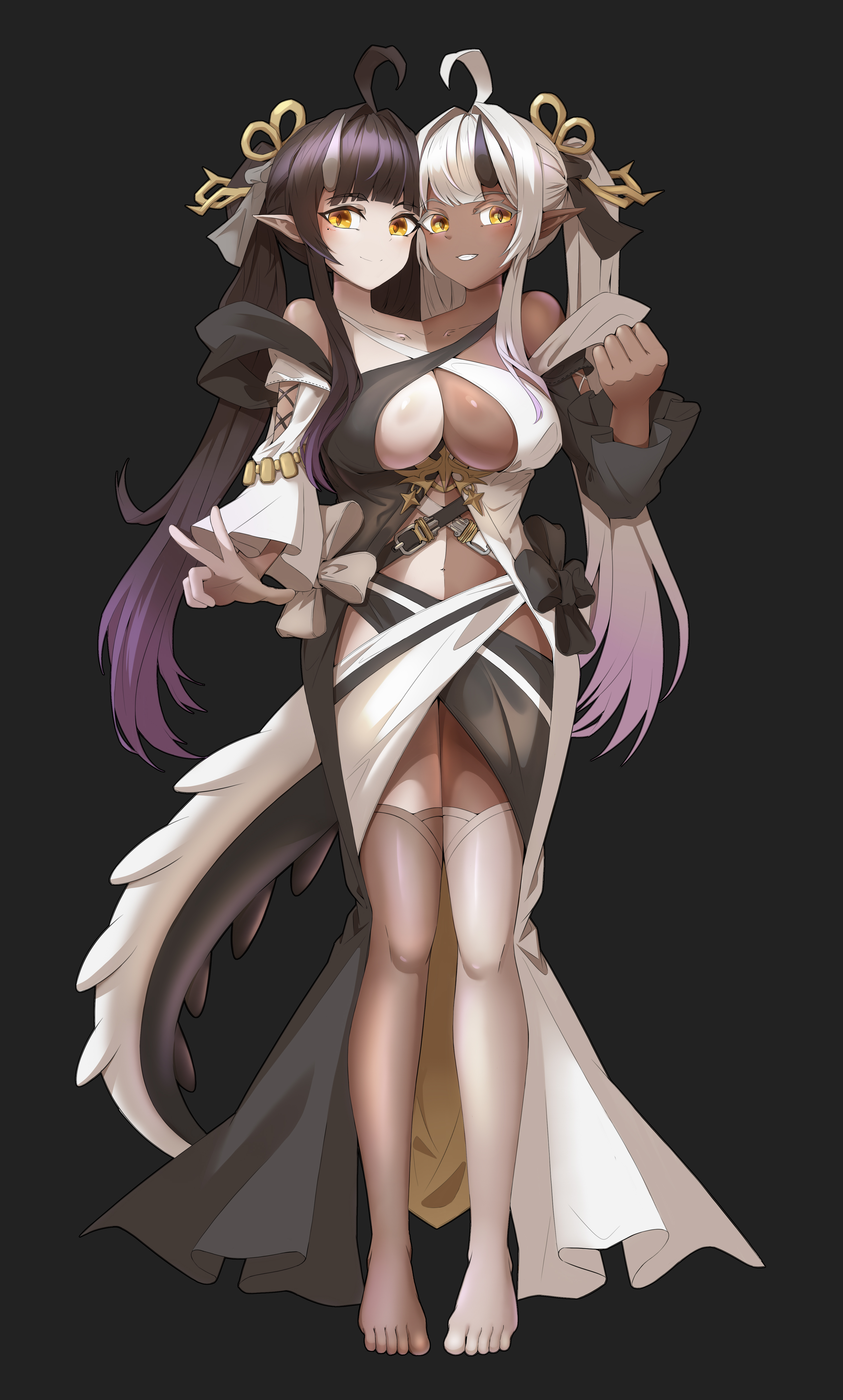 original, absurdres, highres, black hair, black horns, conjoined, fretyn, horns, soles, white hair, white horns, yellow eyes