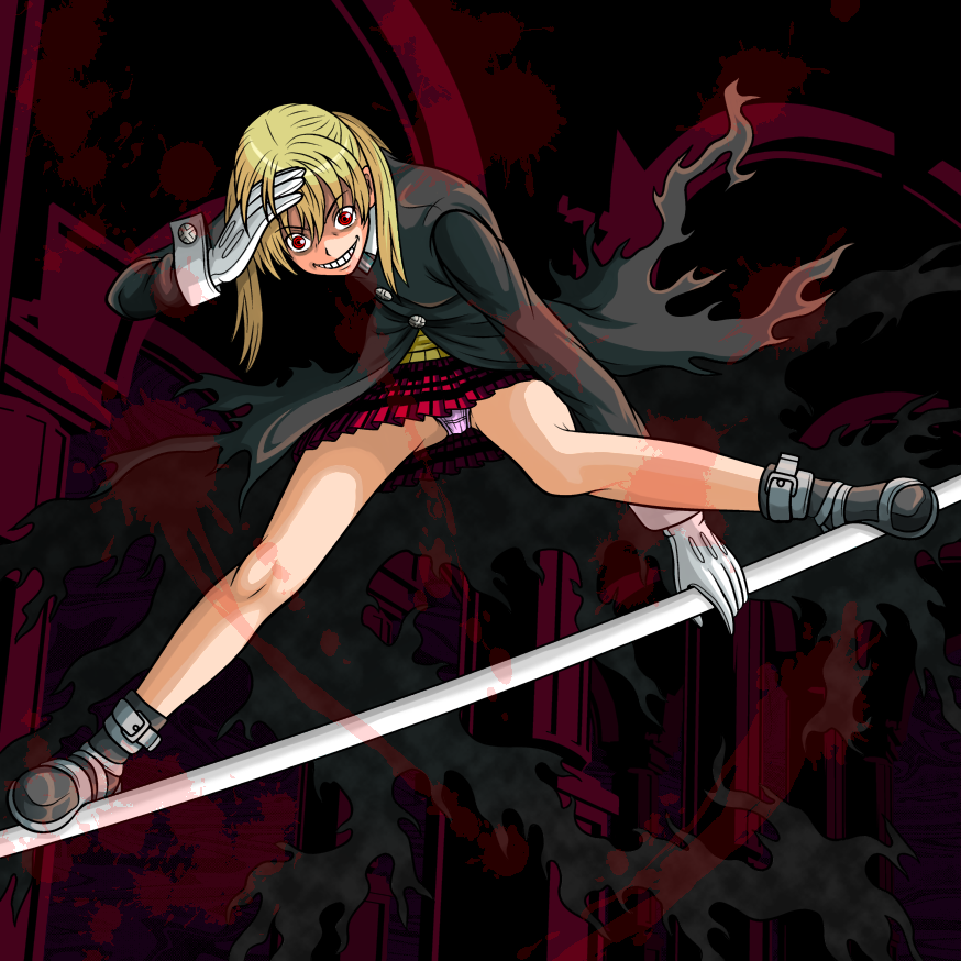 nike (0306), maka albarn, soul eater, stance, 00s, 1girl, blonde hair, crazy, crazy maka, female focus, gloves, legs, long legs, panties, pantyshot, pink panties, plaid clothes, plaid skirt, pleated skirt, red eyes, skirt, solo, torn clothes, underwear, upskirt