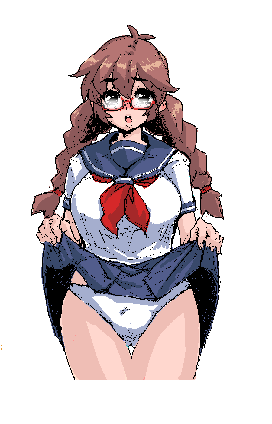 torakichi, original, highres, 1girl, borrowed character, brown hair, clothes lift, female focus, glasses, lifting own clothes, panties, pantyshot, school uniform, skirt, skirt lift, solo, twintails, underwear, upskirt, white panties