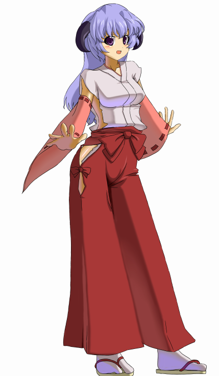 chin (motio7201), hanyuu, higurashi no naku koro ni, 00s, 1girl, aged up, detached sleeves, female focus, hakama, hakama skirt, horns, japanese clothes, long hair, miko, purple eyes, purple hair, red hakama, simple background, skirt, solo