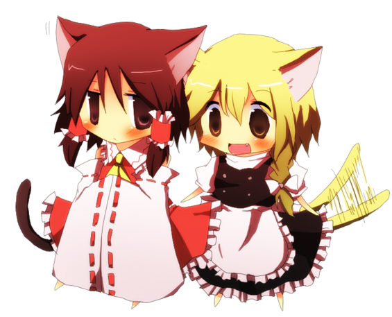 pasutel, hakurei reimu, kirisame marisa, touhou, bad id, bad pixiv id, 2girls, animal ears, blonde hair, blush, braid, brown hair, cat ears, cat girl, cat tail, chibi, detached sleeves, fang, female focus, hair ribbon, hands in opposite sleeves, happy, japanese clothes, kemonomimi mode, miko, multiple girls, no headwear, red eyes, red hair, ribbon, short hair, tail, tail wagging, wide sleeves, yellow eyes