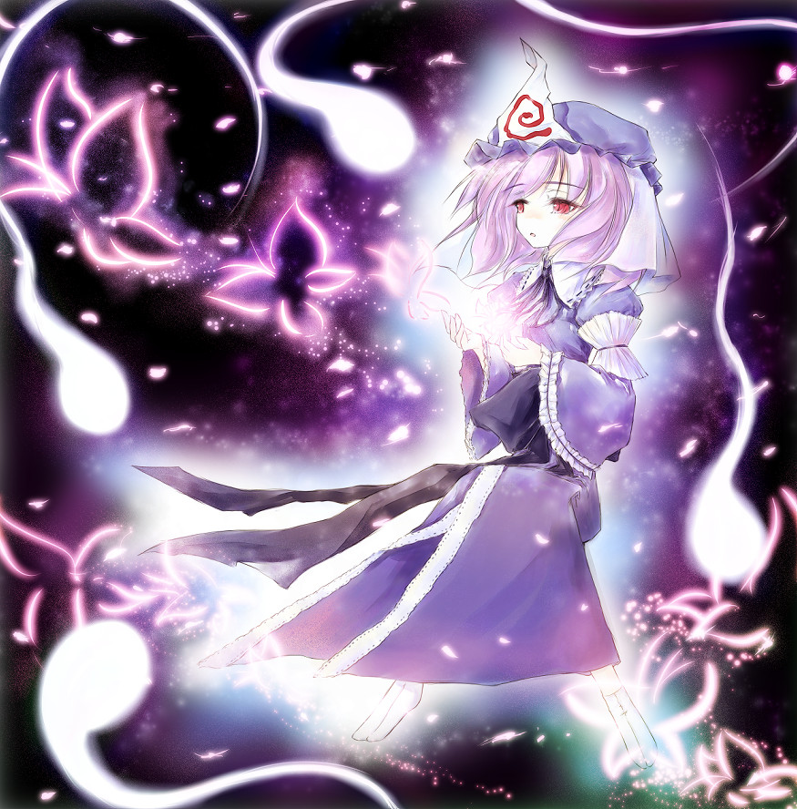 demupausagi, saigyouji yuyuko, touhou, 1girl, bug, butterfly, dress, female focus, gradient background, hat, insect, pink hair, solo