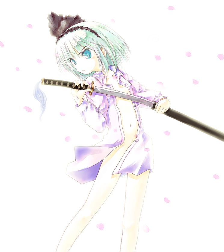 demupausagi, konpaku youmu, touhou, silver hair, 1girl, bottomless, female focus, flat chest, katana, naked shirt, no bra, no panties, open clothes, open shirt, ribbon, sheath, shirt, solo, sword, unsheathing, weapon, white background