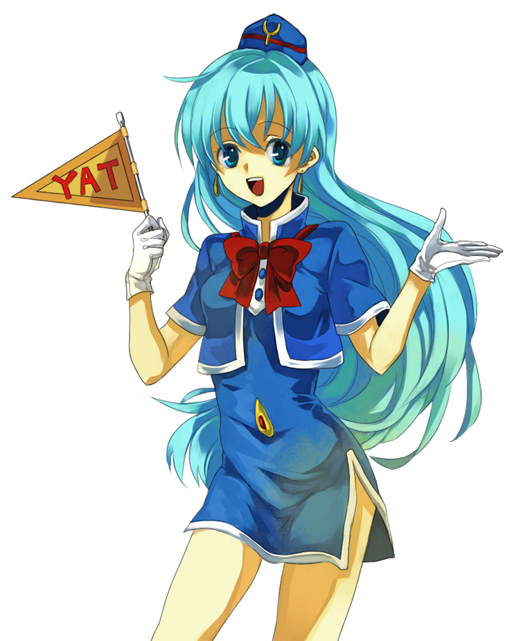 nanamura, yaichi, tenjouin katsura, yat anshin uchuu ryokou, uniform, bad id, bad pixiv id, 1990s (style), 1girl, aqua eyes, aqua hair, dress, earrings, female focus, flag, flight attendant, jewelry, long hair, retro artstyle, ribbon, short dress, simple background, smile, solo, travel attendant