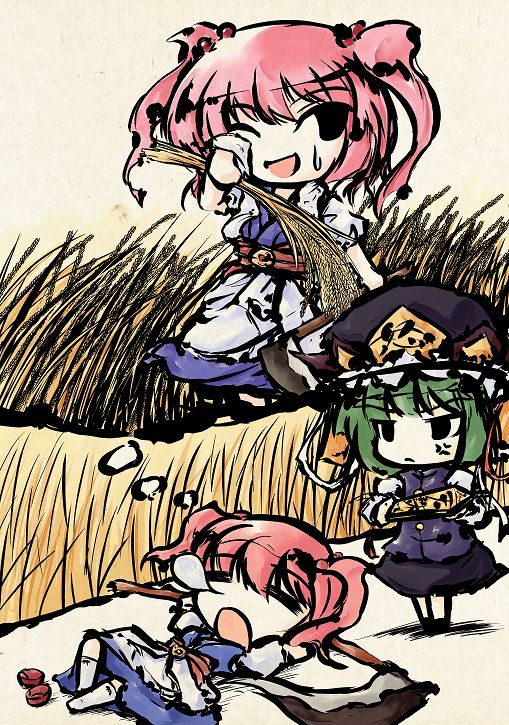 demupausagi, onozuka komachi, shiki eiki, touhou, 2girls, angry, chibi, dreaming, female focus, lying, multiple girls, outdoors, plant, scythe, sleeping, standing