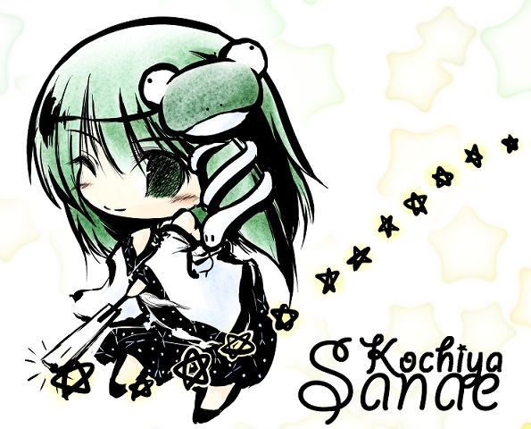 demupausagi, kochiya sanae, touhou, 1girl, character name, chibi, detached sleeves, female focus, frog, full body, green hair, japanese clothes, miko, solo, star (symbol), wink