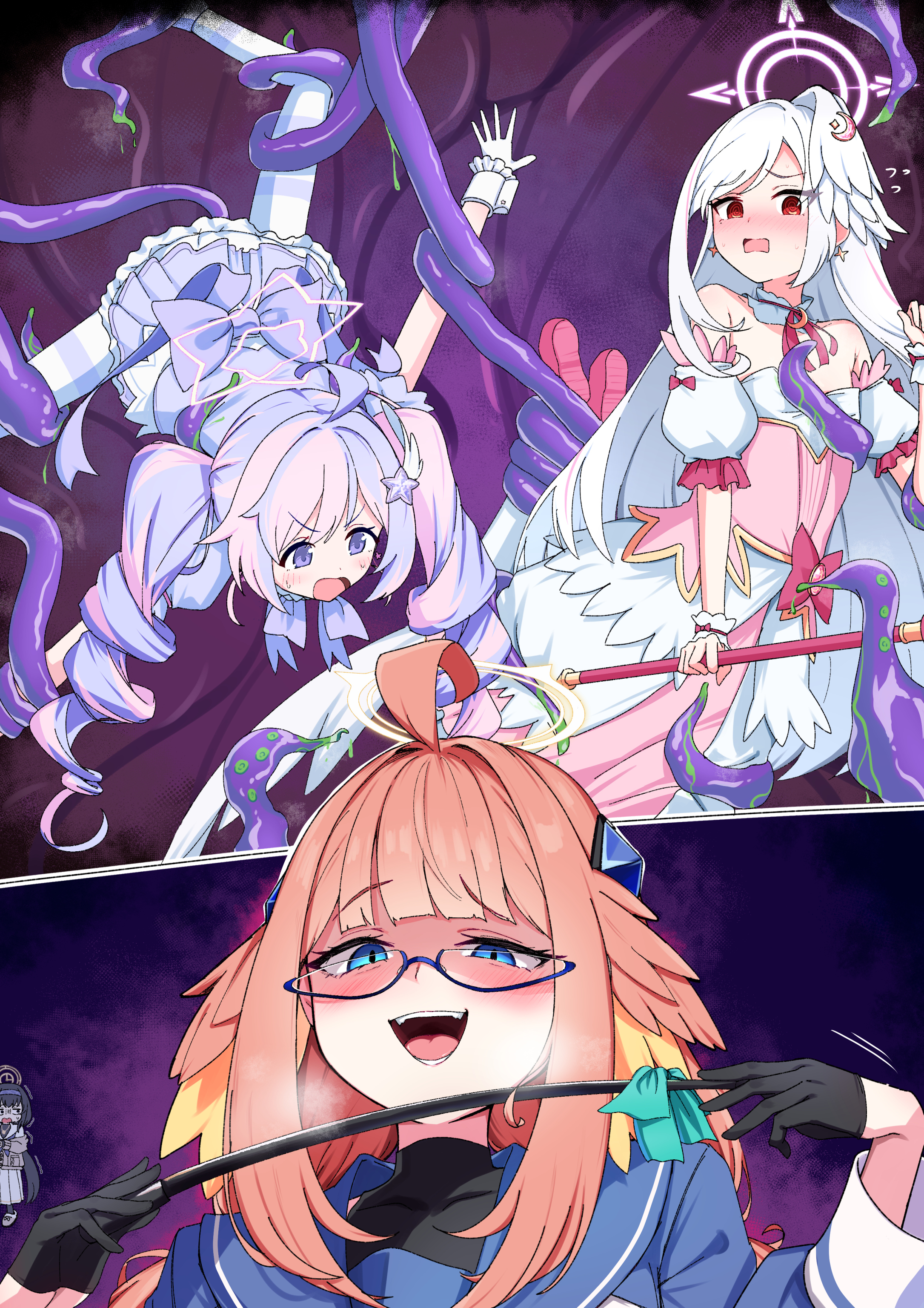reisa (blue archive), reisa (magical) (blue archive), shimiko (blue archive), shimiko (magical) (blue archive), suzumi (blue archive), suzumi (magical) (blue archive), blue archive, absurdres, highres, 3girls, :d, ahoge, black gloves, blue-framed eyewear, blue eyes, blush, detached sleeves, dress, drill hair, feather hair, glasses, gloves, halo, head wings, long hair, long sleeves, magical girl, multiple girls, ojou-sama pose, open mouth, orange hair, pink hair, pink halo, puffy short sleeves, puffy sleeves, purple eyes, purple hair, red eyes, restrained, semi-rimless eyewear, short sleeves, single head wing, smile, star halo, surume factory, teeth, tentacles, turtleneck, twin drills, twintails, under-rim eyewear, wand, white hair, wings, yellow halo